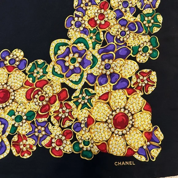 Chanel Black, Red, Purple, & Green Silk Vintage Jewel Flower Scarf! - Picture 5 of 6